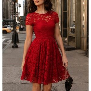 TED BAKER Caree Floral Lace Overlay Fit & Flare Mini Dress in Red